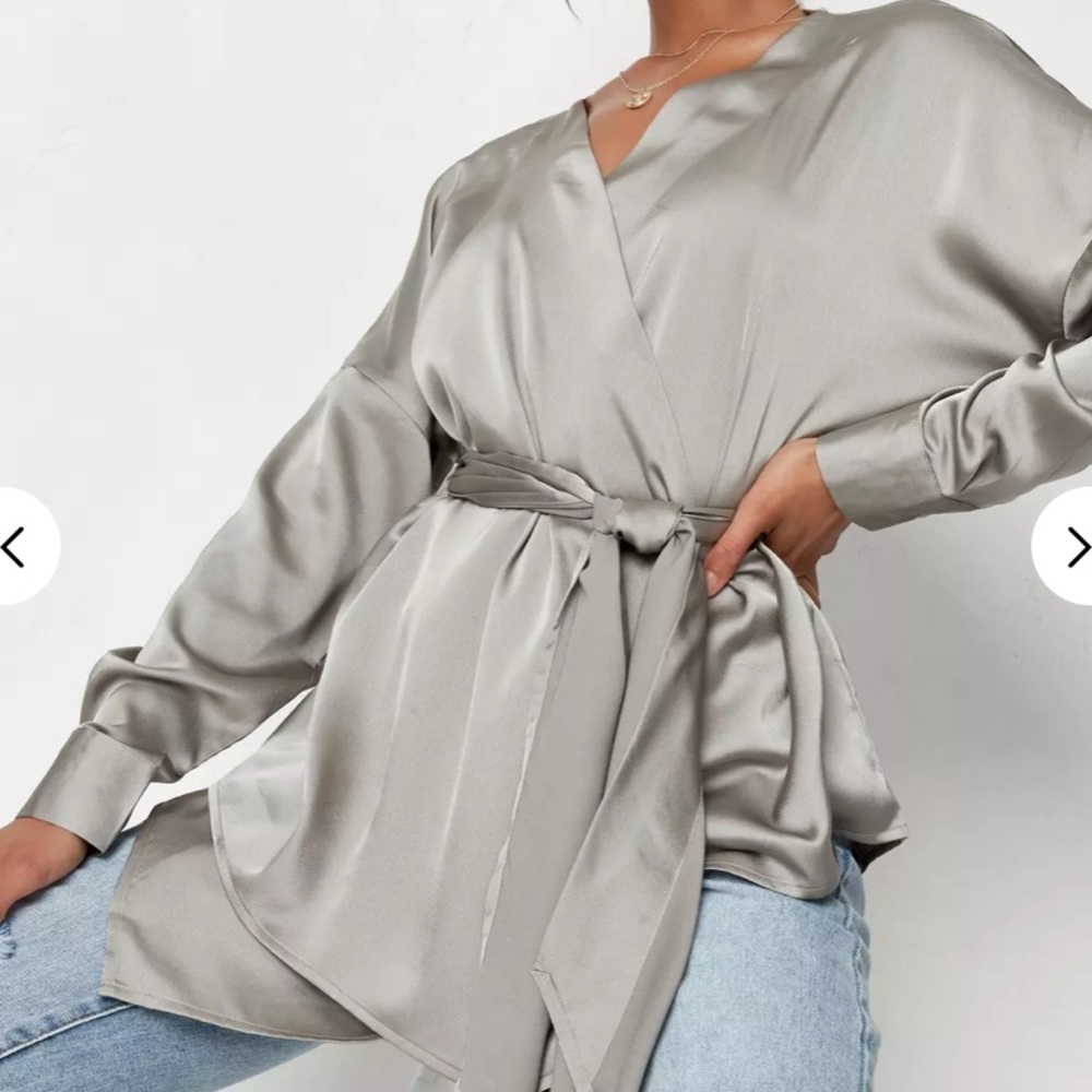 sage satin plunge oversized blouse